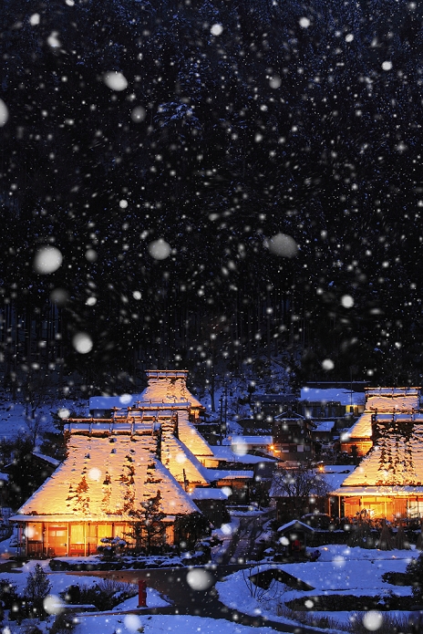 Miyama Town, Kyoto Prefecture, Japan Thatched Houses in Snowy Landscape Illuminated