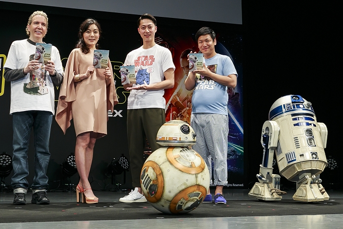 Hannya, Anne Suzuki, Dave Spector, May 04, 2016 : (L to R) American TV producer and personality Dave Spector, actress Anne Suzuki, comedians Satoshi Kanada and Akiyoshi Kawashima pose for the cameras with the stormtroopers and the robots BB-8 and R2-D2 during the launch event The comedians Satoshi Kanada and Akiyoshi Kawashima pose for the cameras with the stormtroopers and the robots BB-8 and R2-D2 during the launch event for The box which contains DVD and Blue-ray with bonus features costs 9,000 yen. Blue-ray with bonus features costs 9,800 yen (91.42 USD). (Photo by Rodrigo Reyes Marin/AFLO)