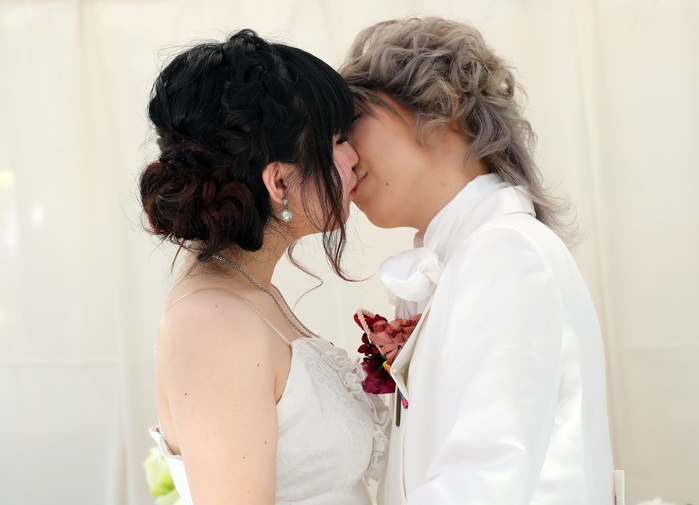 Tokyo Rainbow Pride Call for LGBT understanding May 8, 2016, Tokyo, Japan   A lesbian couple kiss at a mock wedding ceremony before participating in the parade by supporters of the lesbian, gay, bisexual and transgender community  LGBT   Tokyo Rainbow Pride  in Tokyo on Sunday, May 8, 2016. Some 4,500 supporters of the LGBT community marched in downtown Tokyo.    Photo by Yoshio Tsunoda AFLO  LWX  ytd 