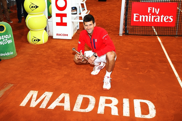 Madrid Open Men s Podium Djokovic wins Novak Djokovic  SER , MAY 8, 2016   Tennis : Novak Djokovic of Serbia celebrate with his trophey during awards ceremony of singls final match against Andy Murray of Britain on the ATP World Tour Masters 1000 Mutua Madrid Open tennis tournament at the Caja Magica in Madrid, Spain, May 8, 2016.  Photo by Mutsu Kawamori AFLO   3604 