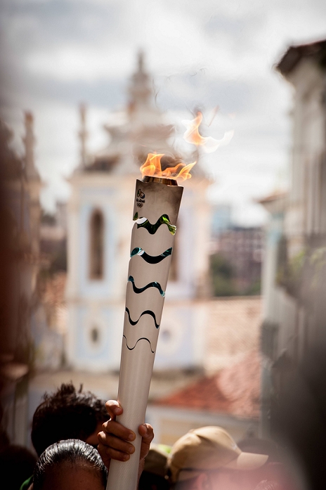 Rio 2016 Olympics Preview Torch Relay. MAY 24, 2016 : Passage of the Olympic Torch for the Historic Center of Salvador. In the picture, the background, the Church of Our Lady of the Rosary of Black, in Pelourinho.  Photo by AFLO 