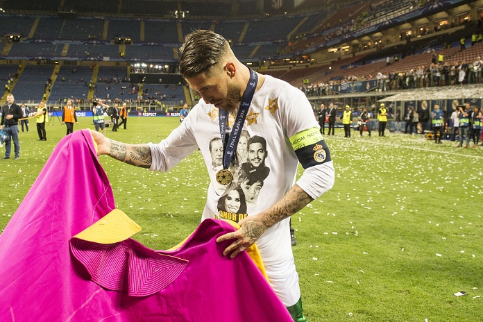 UEFA Champions League Final Real wins 11th title in two years Sergio Ramos  Real , MAY 28, 2016   Football   Soccer : Sergio Ramos of Real Madrid celebrates after winning the penalty shoot out during the UEFA Champions League final match between Real Madrid 1 5 3 1 Atletico de Madrid at Stadio Giuseppe Meazza San Siro in Milan, Italy.  Photo by Enrico Calderoni AFLO SPORT 