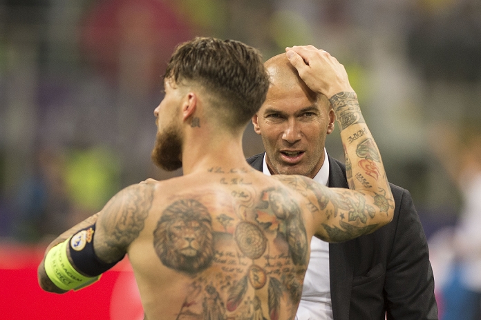 UEFA Champions League Final Real wins 11th title in two years  L R  Sergio Ramos, Zinedine Zidane  Real , MAY 28, 2016   Football   Soccer : Sergio Ramos and Zinedine Zidane of Real Madrid celebrate after winning the penalty shoot out during the UEFA Champions League final match between Real Madrid 1 5 3 1 Atletico de Madrid at Stadio Giuseppe Meazza San Siro in Milan, Italy.  Photo by Enrico Calderoni AFLO SPORT 