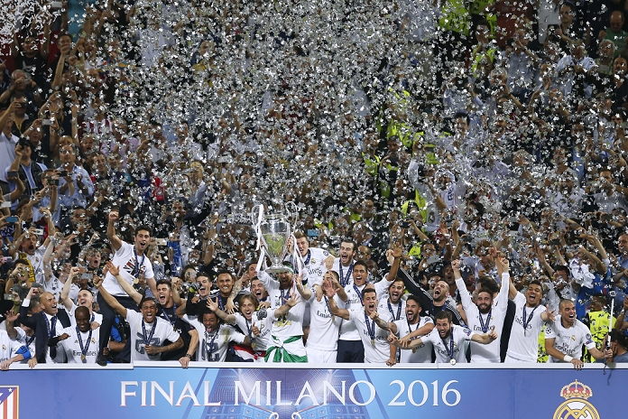 UEFA Champions League Final Real wins 11th title in two years Real Madrid team group  Real , MAY 28, 2016   Football   Soccer : UEFA Champions League final match between Real Madrid and Atletico Madrid at  San Siro Stadium, Milan, Italy.  Photo by D.Nakashima AFLO 