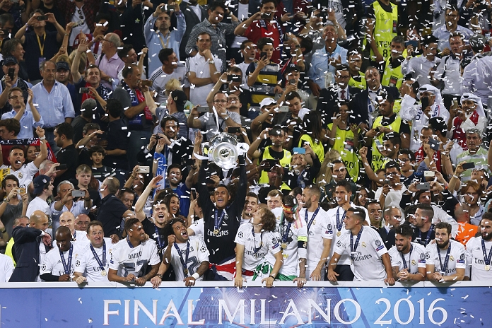 UEFA Champions League Final Real wins 11th title in two years Real Madrid team group  Real , MAY 28, 2016   Football   Soccer : UEFA Champions League final match between Real Madrid and Atletico Madrid at  San Siro Stadium, Milan, Italy.  Photo by D.Nakashima AFLO 