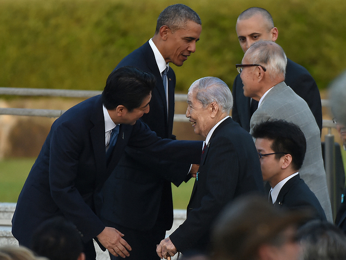 President Obama Visits Hiroshima First sitting President to visit Hiroshima U.S. President Barack Obama  back right  speaks with Shigeaki Mori  back left , who is conducting a survey of U.S. POW survivors. In the foreground right is Sunao Tsuboi, representative member of the Japan Confederation of A  and H Bomb Sufferers Organizations, speaking with Prime Minister Shinzo Abe, at Peace Memorial Park in Naka Ward, Hiroshima, May 27, 2016, 6:08 p.m. Photo by Rei Kubo