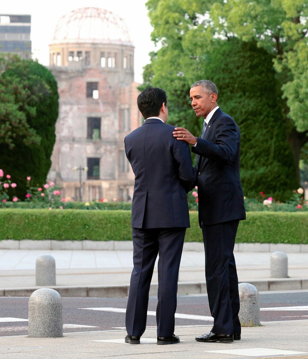 President Obama Visits Hiroshima First sitting President to visit Hiroshima President Barack Obama  right  taps Prime Minister Shinzo Abe on the shoulder as they part at a spot where the A bomb Dome can be seen, at Hiroshima Peace Memorial Park in Naka Ward, Hiroshima, at 6:20 p.m. on April 27  representative photo .  