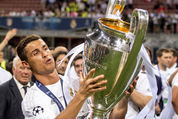 UEFA Champions League Final Real wins 11th title in two years Cristiano Ronaldo  Real , MAY 28, 2016   Football   Soccer : Cristiano Ronaldo of Real Madrid celebrates with teh trophy after winning the penalty shoot out during the UEFA Champions League final match between Real Madrid 1 5 3 1 Atletico de Madrid at Stadio Giuseppe Meazza San Siro in Milan, Italy.  Photo by Enrico Calderoni AFLO SPORT 