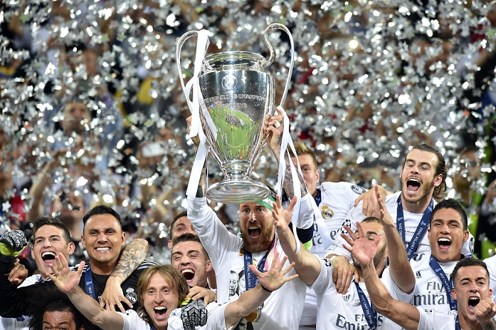 UEFA Champions League Final Real wins 11th title in two years Sergio Ramos  Real , MAY 28, 2016   Football   Soccer : Sergio Ramos of Real Madrid holds up the trophy after winning the penalty shoot out during the UEFA Champions League final match between Real Madrid 1 5 3 1 Atletico de Madrid at Stadio Giuseppe Meazza San Siro in Milan, Italy.  Photo by aicfoto AFLO 