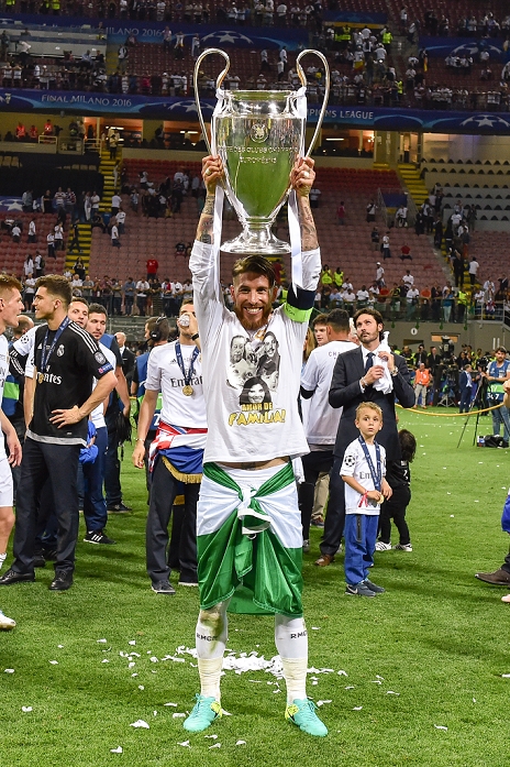 UEFA Champions League Final Real wins 11th title in two years Sergio Ramos  Real , MAY 28, 2016   Football   Soccer : Sergio Ramos of Real Madrid celebrates with the trophy after winning the penalty shoot out during the UEFA Champions League final match between Real Madrid 1 5 3 1 Atletico de Madrid at Stadio Giuseppe Meazza San Siro in Milan, Italy.  Photo by aicfoto AFLO 