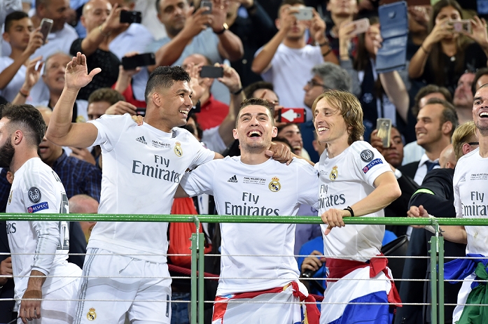 UEFA Champions League Final Real wins 11th title in two years Casemiro, Luka Modric  Real , MAY 28, 2016   Football   Soccer : Casemiro and Luka Modric of Real Madrid celebrate after winning the penalty shoot out during the UEFA Champions League final match between Real Madrid 1 5 3 1 Atletico de Madrid at Stadio Giuseppe Meazza San Siro in Milan, Italy.  Photo by aicfoto AFLO 
