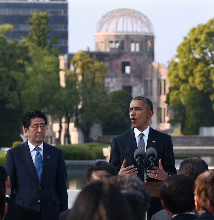 President Obama Visits Hiroshima First sitting President to visit Hiroshima U.S. President Barack Obama  right  and Japanese Prime Minister Shinzo Abe express their impressions after visiting Hiroshima. In the back is the Atomic Bomb Dome at Peace Memorial Park in Naka Ward, Hiroshima, May 27, 2016, 5:49 p.m. May 27, 2016, 5:49 p.m., at Peace Memorial Park in Naka Ward, Hiroshima, Japan.