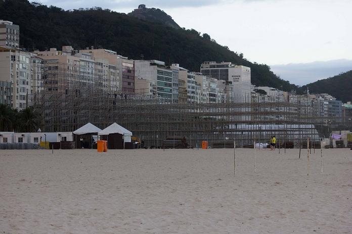 Rio 2016 Olympics Preview General view, MAY 25, 2016 : View of the construction of the Arena Olympic Beach volleyball Beachvolleyball in Copacabana. The metal structures are still being assembled. Surrounding the building there are points of concentration of homeless people.  Photo by AFLO 