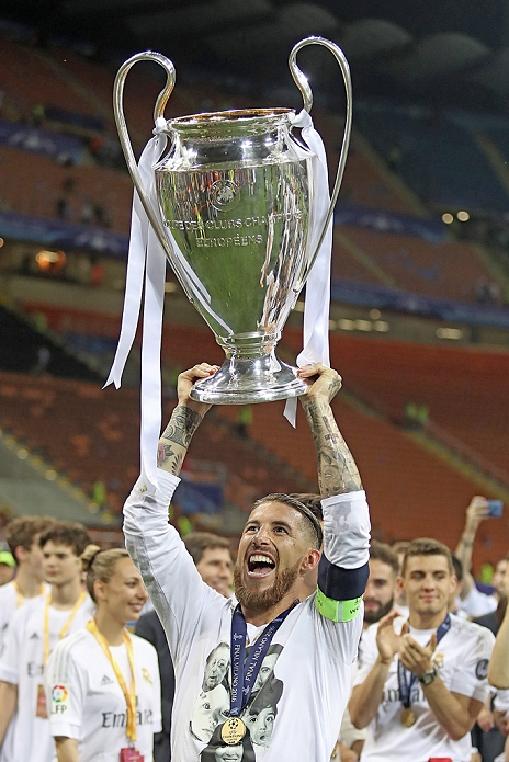 UEFA Champions League Real wins 11th championship in two years Sergio Ramos  Real , MAY 28, 2016   Football   Soccer : Sergio Ramos of Rael Madrid celebrates with the trophy after winning the UEFA Champions League final match between Real Madrid 1 5 3 1 Atletico de Madrid at Stadio Giuseppe Meazza in Milan, Italy.  Photo by AFLO 