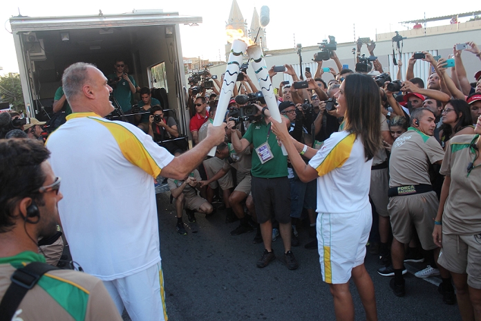 Rio 2016 Olympics Preview Torch Relay. Olympic torch, JUNE 4, 2016 : A crowd followed the reception of the Olympic torch, which was carried through the streets  Photo by AFLO 