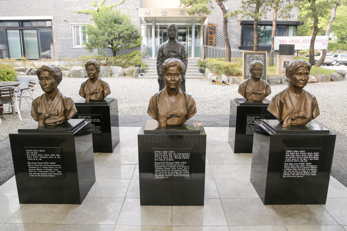 Gwangju, Korea  Nanum s House   June 7, 2016  The House of Sharing for Comfort Women, June 7, 2016 : Bust sculptures of the late South Korean comfort women and a statue of a teenage girl called the  peace monument  for former  comfort women  who served as sex slaves for Japanese soldiers during World War II, are seen in the House of Sharing in Gwangju, Gyeonggi province, about 30 km  18 miles  southeast of Seoul, June 7, 2016. The House of Sharing is a shelter for living South Korean  comfort women , who said they were forced to become sexual slavery by Japanese military during the Second World War. It was founded in 1992 with funds organized by Buddhists and other civic groups. The Museum of Sexual Slavery by Japanese Military locates in the shelter.  Photo by Lee Jae Won AFLO   SOUTH KOREA 