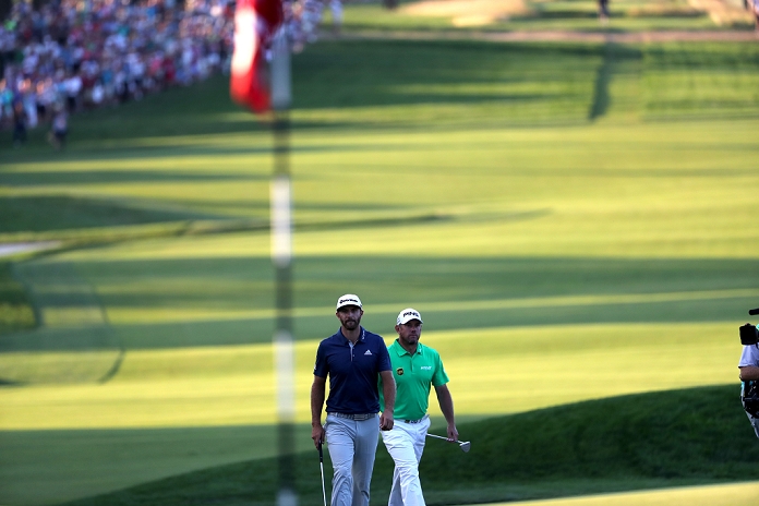 2016 U.S. Open Final Day  L R  Dustin Johnson  USA , Lee Westwood  ENG , JUNE 19, 2016   Golf : Dustin Johnson of the United States and Lee Westwood of England on 18th hole during the final round of the U.S. Open Championship at Oakmont Country Club in Oakmont, Pennsylvania, United States of America.  Photo by Koji Aoki AFLO SPORT 