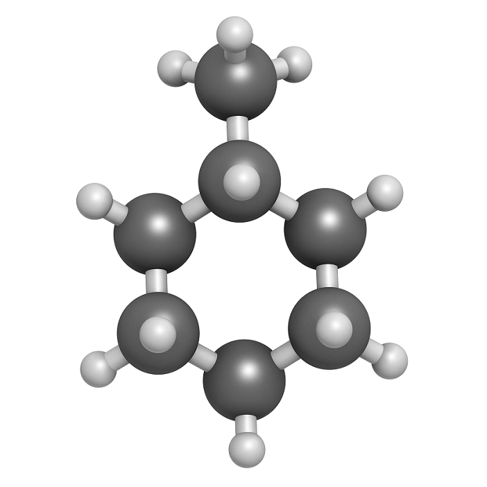 Methylcyclohexane solvent molecule. Atoms are represented as spheres and are colour coded: hydrogen (white), carbon (grey). Illustration.
