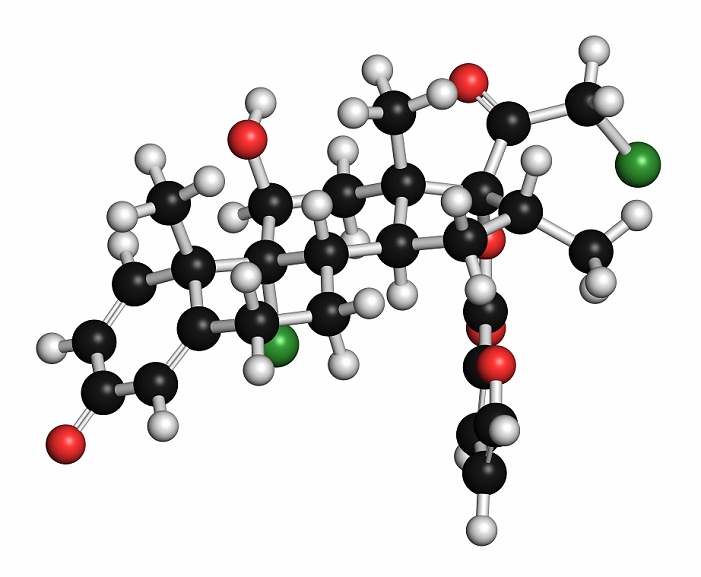 Mometasone furoate steroid drug molecule. Prodrug of mometasone. Atoms are represented as spheres and are colour coded: hydrogen (white), carbon (black), oxygen (red), chlorine (green). Illustration.