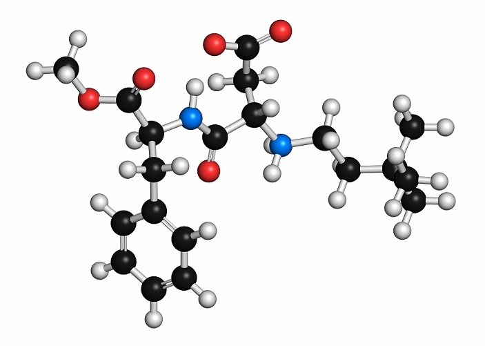 Neotame (E961) sugar substitute molecule. Atoms are represented as spheres and are colour coded: hydrogen (white), carbon (black), oxygen (red), nitrogen (blue). Illustration.