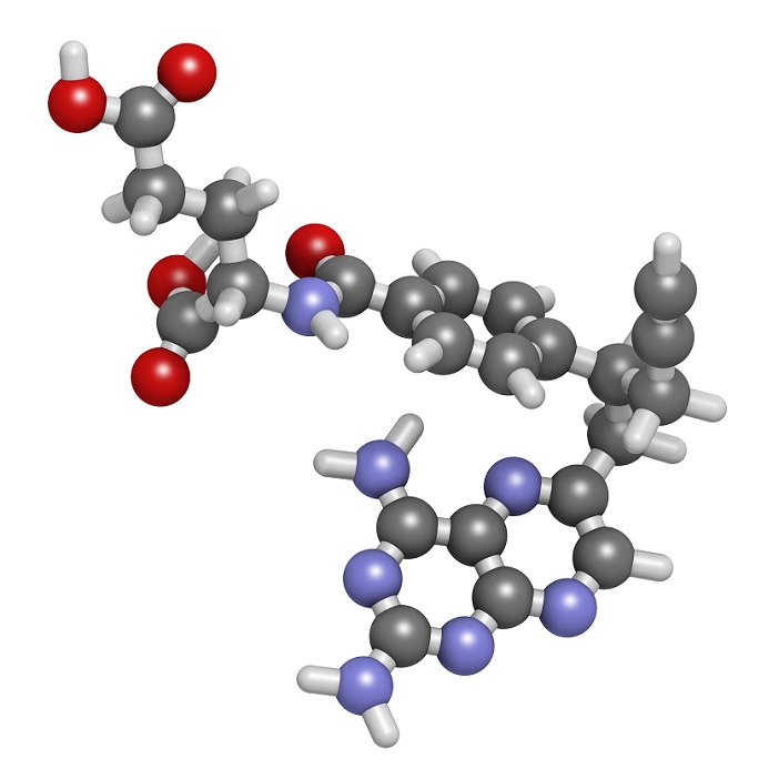 Pralatrexate cancer drug molecule (antifolate class). Atoms are represented as spheres and are colour coded: hydrogen (white), carbon (grey), oxygen (red), nitrogen (blue), chlorine (green). Illustration.