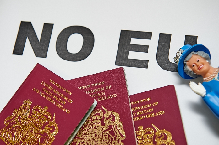 UK to leave the European Union.  A miniature statue of Queen Elizabeth II and British European Union passports on June 23, 2016 in Tokyo, Japan. British voters opted to leave the EU after votes were counted in the early hours of Friday, June 24, 2016. As it became apparent that the majority of those who voted had plumped for Brexit the pound fell to levels not seen in 30 years and global financial markets were shaken.  Photo by AFLO 