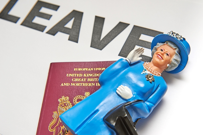 UK to leave the European Union.  A miniature statue of Queen Elizabeth II and a British European Union passport on June 23, 2016 in Tokyo, Japan. British voters opted to leave the EU after votes were counted in the early hours of Friday, June 24, 2016. As it became apparent that the majority of those who voted had plumped for Brexit the pound fell to levels not seen in 30 years and global financial markets were shaken.  Photo by AFLO 