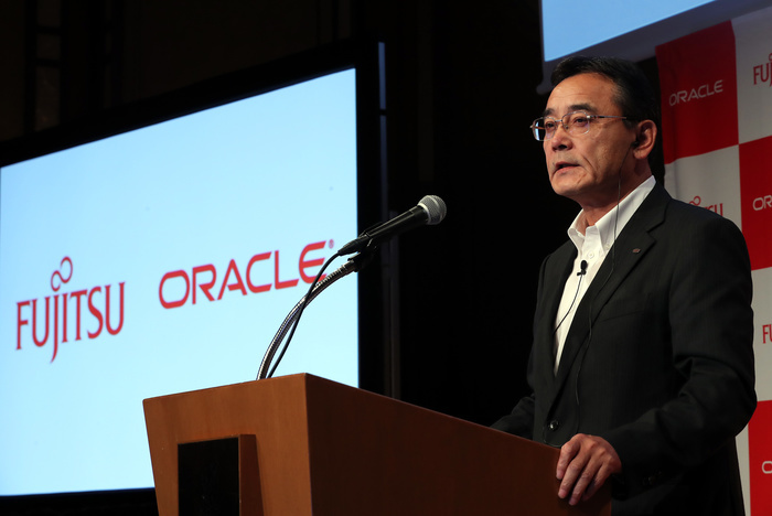 Fujitsu and Oracle Corporation Business Alliance in the Cloud Field July 6, 2016, Tokyo, Japan   Japanese computer giant Fujitsu chairman Masami Yamamoto speaks at a press conference in Tokyo on Wednesday, July 6, 2016 as Fujitsu and American cloud database service giant Oracle agreed to form a new strategic alliance to deliver enterprise cloud services to customers in Japan.   Photo by Yoshio Tsunoda AFLO  LWX  ytd 