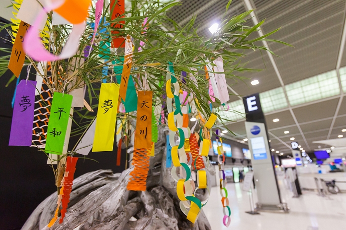 Tanabata Decorations at Narita Airport Introducing Japanese Culture Many colorful paper strips  Tanzaku  hang on bamboo stalks at Narita International Airport on July 7, 2016, Chiba, Japan. The yearly celebration of Tanabata has been held since the Edo era and commemorates the legend of two lovers separated by the Milky Way who only meet once a year on the seventh day of the seventh month.  Photo by Rodrigo Reyes Marin AFLO 
