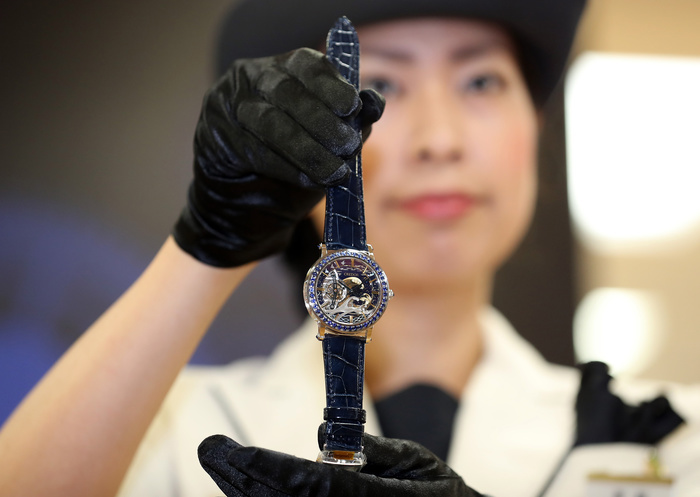 World Watch Fair Exhibiting brand watches from around the world August 17, 2016, Tokyo, Japan   An employee of Japan s Mitsukoshi department store shows off a 5.4 million yen  53,500 USD  jewelry wrist watch, produced by Japan s watch maker Seiko s Credor brand for the annual world watch fair at the Mitsukoshi department store in Tokyo on Wednesday, August 17, 2016. The watch has motif of famous woodblock print of Katsushika Hokusai.     Photo by Yoshio Tsunoda AFLO  LWX  ytd 