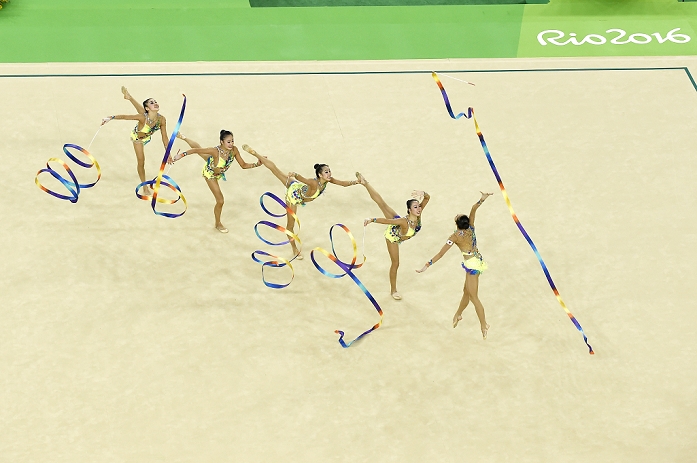 Rio 2016 Olympic Games Rhythmic Gymnastics Team All Around Qualifying Japan team group  JPN , AUGUST 20, 2016   Rhythmic Gymnastics : Japan Team performs ribbon routine during the group all around qualification of 2016 Rio Olympics at Rio Olympic Arena in Rio de Janeiro, Brazil.