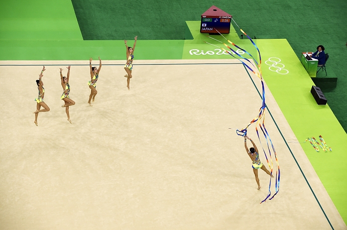 Rio 2016 Olympic Games Rhythmic Gymnastics Team All Around Qualifying Japan team group  JPN , AUGUST 20, 2016   Rhythmic Gymnastics : Japan Team performs ribbon routine during the group all around qualification of 2016 Rio Olympics at Rio Olympic Arena in Rio de Janeiro, Brazil.
