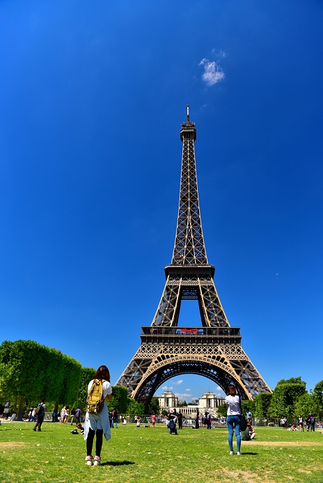 Eiffel Tower and tourists in blue sky