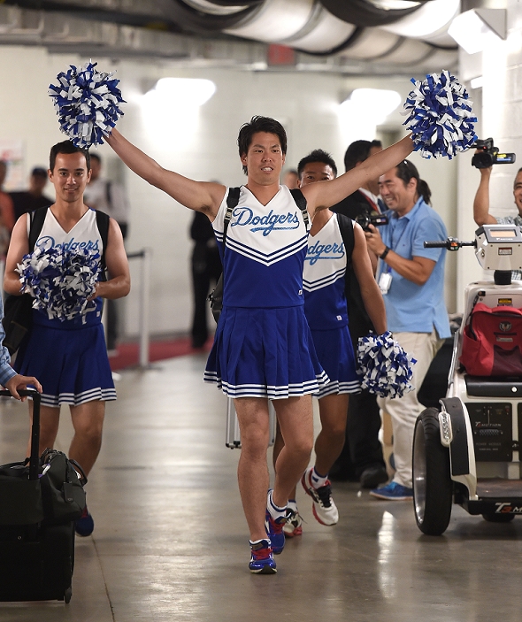 2016 MLB The annual rookie masquerade  L R  Will Ireton, Kenta Maeda  Dodgers , Homare Watanabe, SEPTEMBER 11, 2016   MLB : Kenta Maeda of the Los Angeles Dodgers dresses up as cheerleaders with his interpreter Will Ireton and his trainer Homare Watanabe as part of a rookie hazing ritual after the Major League Baseball game against the Miami Marlins at Marlins Park in Miami, Florida, United States.