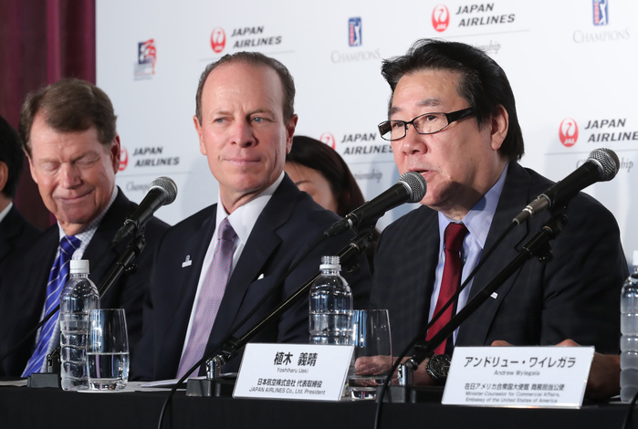 First U.S. Senior Tour event in Japan JAL Championship  in September 2005 October 18, 2016, Tokyo, Japan    L R  US golf  legend Tom Watson, PGA TOUR Champions president Greg McLaughlin and Japan Airlines president Yoshiharu Ueki announce a PGA TOUR tournament will be held in Japan next year at a press conference in Tokyo on Tuesday, October 18, 2016. The Japan Airlines championship, the first ever PGA TOUR sanctioned event will be played at the Narita Golf Club, suburban Tokyo in September 2107.    Photo by Yoshio Tsunoda AFLO  LWX  ytd 