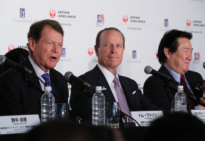 First U.S. Senior Tour event in Japan JAL Championship  in September 2005 October 18, 2016, Tokyo, Japan    L R  US golf  legend Tom Watson, PGA TOUR Champions president Greg McLaughlin and Japan Airlines president Yoshiharu Ueki announce a PGA TOUR tournament will be held in Japan next year at a press conference in Tokyo on Tuesday, October 18, 2016. The Japan Airlines championship, the first ever PGA TOUR sanctioned event will be played at the Narita Golf Club, suburban Tokyo in September 2107.    Photo by Yoshio Tsunoda AFLO  LWX  ytd 