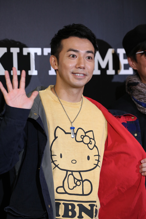  Caution for use Hello Kitty  for Men New Lineup Announced October 21, 2016, Tokyo, Japan   Japanese comedian Yuji Ayabe wears Hello Kitty designed clothes such as teeshirt, outer, jeans, socks and accessories at the Seibu department store in Tokyo on Friday, October 21, 2016. Japanese character giant Sanrio unveiled the new lineup for the  Hello Kitty Men  brand with nine creators.    Photo by Yoshio Tsunoda AFLO  LWX  ytd 