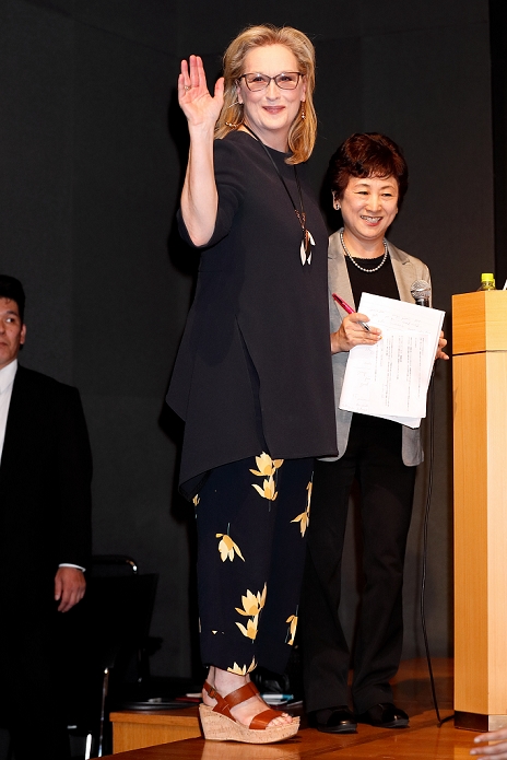 American actress Meryl Streep greets to the cameras during a press conference ahead of the 29th Tokyo International Film Festival (TIFF) on October 24, 2016, Tokyo, Japan. Streep is one of the main guests for the TIFF Opening Ceremony. Her latest film ''Florence Foster Jenkins'' will be screened in Japan for the first time during the festival which runs from October 25th to November 3rd. (Photo by Rodrigo Reyes Marin/AFLO)