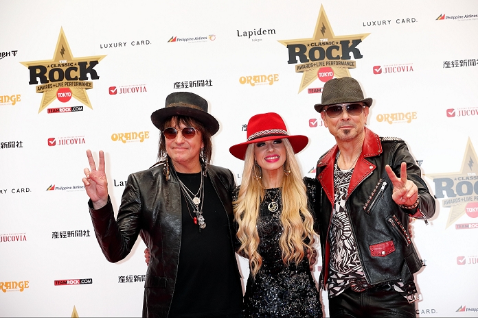 (L to R) Musicians Richie Sambora, Orianthi, and Rudolf Schenker pose for the cameras during the red carpet for the Classic Rock Awards 2016 at the Ryougoku Kokugikan Stadium on November 11, 2016, Tokyo, Japan. Other rock icons in attendance were Joe Perry, Johnny Depp, Jeff Beck, Megadeth's Dave Mustaine and Cheap Trick. The award, which started in 2005, is held for the first time in Japan. (Photo by Rodrigo Reyes Marin/AFLO)