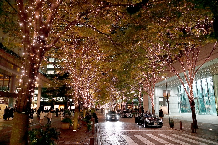 Marunouchi Illumination Adding Color to Winter in the Heart of Tokyo LED lights illuminate the Marunouchi business district on November 15, 2016, Tokyo, Japan. This year, 1,030,000 champagne colored, environmentally friendly   low energy   bulbs are used to light up Naka dori which is one of the most popular illumination spots in Tokyo.  Photo by Rodrigo Reyes Marin AFLO 