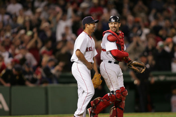 Daisuke Matsuzaka (Red Sox),
MAY 14, 2007 - MLB : Pitcher Daisuke Matsuzaka and catcher Jason Varitek of the Boston Red Sox smile after the Red Sox beat the Detroit Tigers 7-1 in their American League MLB baseball game at Fenway Park in Boston, Massachusetts, USA.
(Photo by AFLO) [2324].