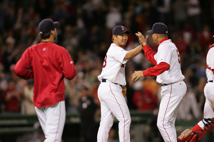 Daisuke Matsuzaka (Red Sox), Daisuke Matsuzaka
MAY 14, 2007 - MLB : Pitcher Daisuke Matsuzaka of the Boston Red Sox celebrates with his teammates after the Red Sox beat the Detroit Tigers 7-1 in their American League MLB baseball game at Fenway Park in Boston, Massachusetts, USA.
(Photo by AFLO) [2324].