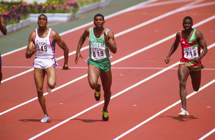 Michael Rosswess (GBR), Daniel Effiong (NGR), Kennedy Ondiek (KEN), 
AUGUST 26, 1991 - Athletics : Michael Rosswess #449 (L) of Great Britain, Daniel Effiong #819 (C) of Nigeria and Kennedy Ondiek #716 (R) of Kenya compete during the Men's 200m heat at the 1991 IAAF World Championships in Athletics at National Stadium in Tokyo, Japan. 
(Photo by AFLO) [2315]

 
