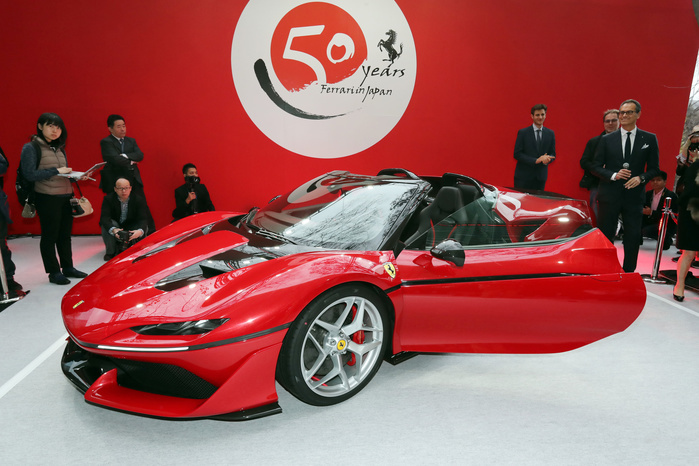 50th Anniversary of Ferrari in Japan Limited Edition  J50  Model Unveiled December 13, 2016, Tokyo, Japan   Italian sports car maker Ferrari senior vice president and chief designer Fravio Manzoni displays the new vehicle  Ferrari J50  at the world premier in Tokyo on Tuesday, December 13, 2016 to celebrate Ferrari s 50th anniversary in Japan. Ferrari J50 has 3.9 litter V8 turbo charged engine to drive roadster body.   Photo by Yoshio Tsunoda AFLO  LWX  ytd 