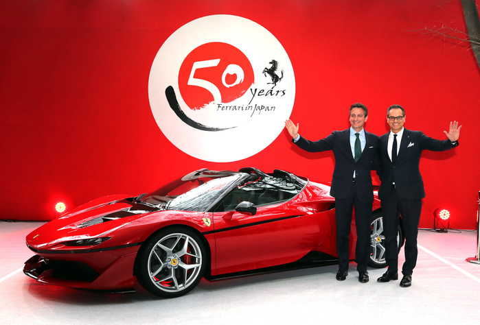 50th Anniversary of Ferrari in Japan Limited Edition  J50  Model Unveiled December 13, 2016, Tokyo, Japan   Italian sports car maker Ferrari senior vice president and chief designer Fravio Manzoni  R  and senior vice president and chief marketing officer Enrico Galliera display the new vehicle  Ferrari J50  at the world premier in Tokyo on Tuesday, December 13, 2016 to celebrate Ferrari s 50th anniversary in Japan. Ferrari J50 has 3.9 litter V8 turbo charged engine to drive roadster body.   Photo by Yoshio Tsunoda AFLO  LWX  ytd 