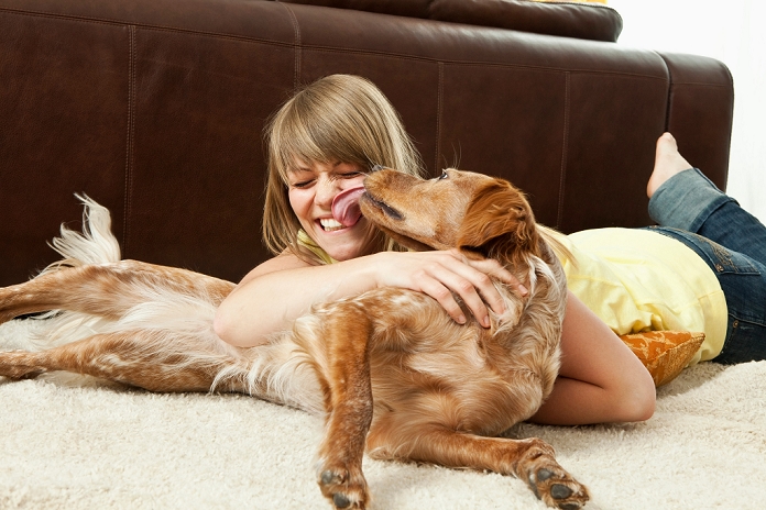 female Pet dog licking a young woman s face