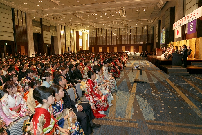 Coming of Age Day 2017 Celebrations for new adults in various locations Japanese young people dressed in colorful kimonos and formal suits attend the Coming of Age Day celebration ceremony at Tokyo Prince Hotel on January 09, 2017, Tokyo, Japan. The Coming of Age Day is a holiday to congratulate and encourage all those who have become adults  20 years old  in Japan. The annually celebration is held on the second Monday of January at local and prefectural offices of the country.  Photo by Rodrigo Reyes Marin AFLO 