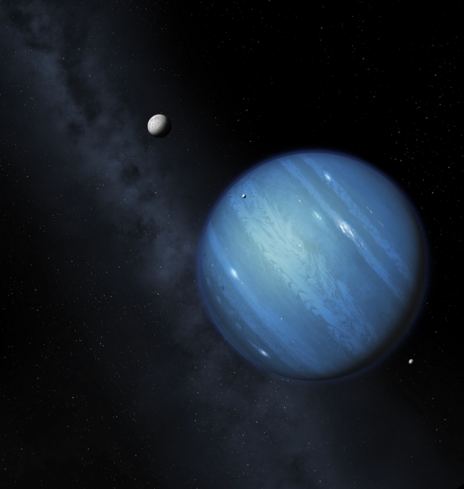 Hypothesised ninth planet, illustration. Planet Nine is a hypothesized massive planet, first proposed in 2014, that is speculated to orbit far out in the solar system. It has not been detected formally. Instead, astronomers have inferred its presence from perceived perturbations of the orbits of some Trans-Neptunian Objects (TNOs). The planet is estimated to be 2 to 4 times the radius, and about ten times the mass of the Earth. It is most likely a gas or ice giant, such as Neptune or Jupiter. The orbit of Planet Nine would be highly elliptical, with its distance from the Sun varying from 200 to 700 astronomical units (7 to 23 times the distance of Neptune). A couple of moons are also shown here, in this view of the sunlight side of the planet.