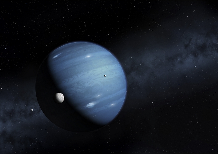 Hypothesised ninth planet, illustration. Planet Nine is a hypothesized massive planet, first proposed in 2014, that is speculated to orbit far out in the solar system. It has not been detected formally. Instead, astronomers have inferred its presence from perceived perturbations of the orbits of some Trans-Neptunian Objects (TNOs). The planet is estimated to be 2 to 4 times the radius, and about ten times the mass of the Earth. It is most likely a gas or ice giant, such as Neptune or Jupiter. The orbit of Planet Nine would be highly elliptical, with its distance from the Sun varying from 200 to 700 astronomical units (7 to 23 times the distance of Neptune). A couple of moons are also shown here, with sunlight arriving from upper right.