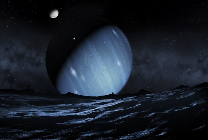 Hypothesised ninth planet, illustration. Planet Nine is a hypothesized massive planet, first proposed in 2014, that is speculated to orbit far out in the solar system. It has not been detected formally. Instead, astronomers have inferred its presence from perceived perturbations of the orbits of some Trans-Neptunian Objects (TNOs). The planet is estimated to be 2 to 4 times the radius, and about ten times the mass of the Earth. It is most likely a gas or ice giant, such as Neptune or Jupiter. The orbit of Planet Nine would be highly elliptical, with its distance from the Sun varying from 200 to 700 astronomical units (7 to 23 times the distance of Neptune). A couple of moons are also shown here in this view from one of the moons, with sunlight arriving from lower right.